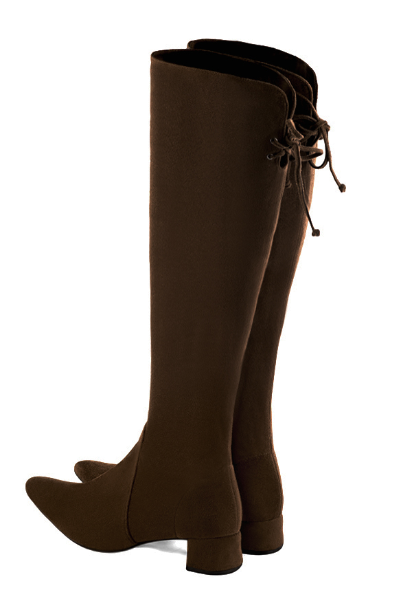 Dark brown women's knee-high boots, with laces at the back. Tapered toe. Low flare heels. Made to measure. Rear view - Florence KOOIJMAN